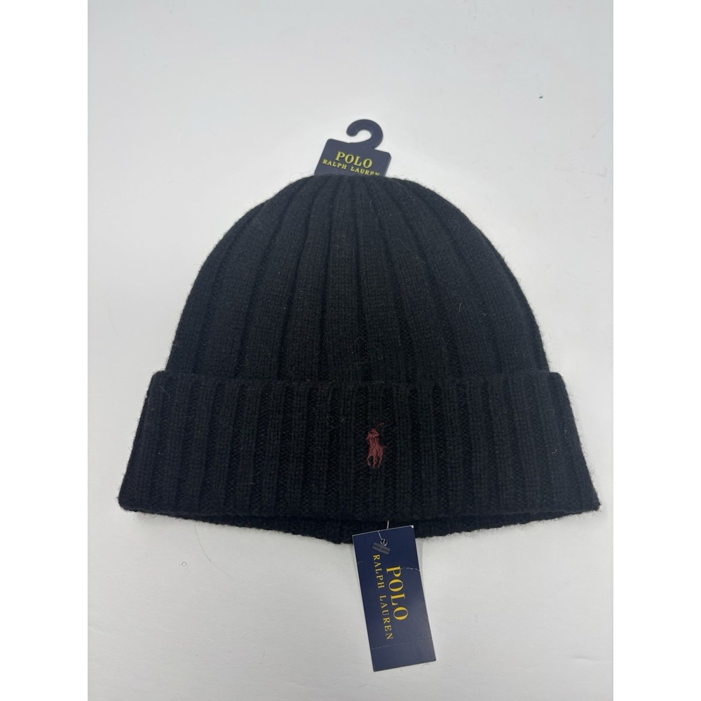Polo Ralph Lauren Men Wool Blend Ribbed Cuff Knit Beanie Hat Black Red Pony NEW!